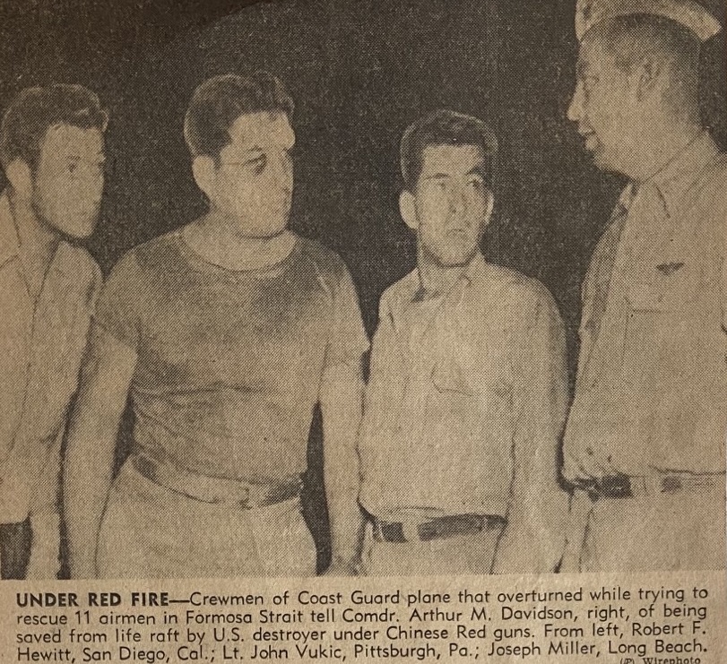 A faded newspaper image of LT Vukic and two surviving members of his PBM aircrew. (Coast Guard Historian’s Office) A faded newspaper image of LT Vukic and two surviving members of his PBM aircrew. (Coast Guard Historian’s Office)